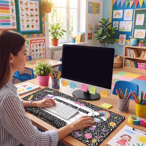 Kingdder Composition Book Teacher Desk Mat Mouse Pad Set Include Large Desk Mat Pad with Wrist Rest Mouse Support, Keyboard Wrist Rest Coaster Back to School Classroom Teacher Appreciation Gift - style: Composition Book