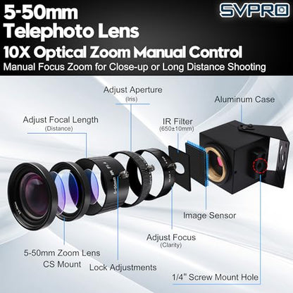 SVPRO 4K Streaming Webcam with 5-50mm Zoom Lens, USB & HDMI Dual Ouput,10X Optical Zoom Manual Focus Camera H.264 Computer Vision Industrial Security Camera for PC/Monitor/TV/Projector