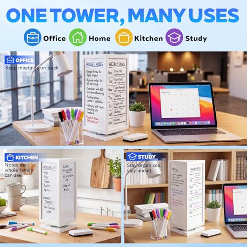 Lincia 3-sided Rotating Desktop Whiteboard Tower, Total 29.4" x 15.3" Dry Erase Board Planner with 8 Markers and Eraser, Multi-surface Memo Board for To-do Lists, Weekly Planning, Office, Home, School - style: 3-sided