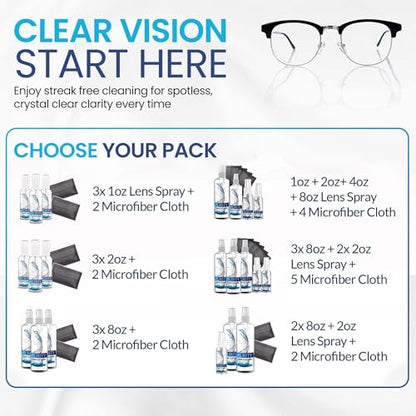 Purity Eyeglass Cleaner Mega Pack - Multi-Size Lens Cleaner Kit - 2x2oz, 3x8oz Bottles + 5 Black Premium Microfiber Cloths - Safe for All Lenses, Eyeglasses, and Screens - Streak-Free Formula - style: 10 Piece Set - 3 (8oz + 2 (2oz Lens Spray)) + 5 (Micro
