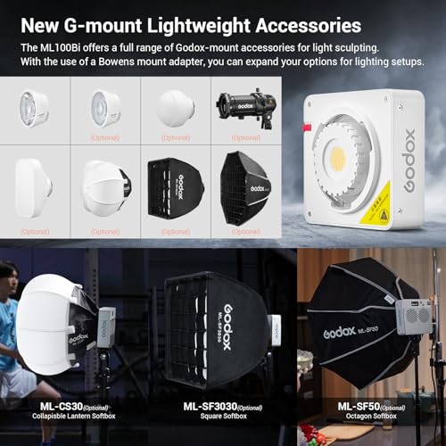 Godox ML100Bi 100W Portable LED Video Light,CRI 97+/TLCI 98+,0%-100% Brightness& Bi-Color COB Continuous Output Lighting 2800-6500K,11 FX Lighting Effects,App Control Mini Photography Light - color: ML100Bi