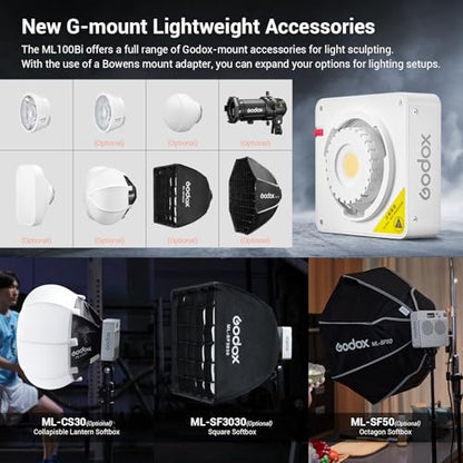 Godox ML100Bi 100W Portable LED Video Light,CRI 97+/TLCI 98+,0%-100% Brightness& Bi-Color COB Continuous Output Lighting 2800-6500K,11 FX Lighting Effects,App Control Mini Photography Light - color: ML100Bi