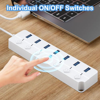 ONFINIO USB Hub 3.0, 7-Port USB Hub Splitter with Individual On/Off Switches and Lights, 3.2ft/1m Long Cable Compatible with MacBook, Laptop, Surface Pro, PS4, PC, Flash Drive, Mobile HDD-White - color: White