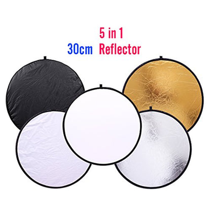 5 in 1 Photo Video Reflectors 12 inch (30cm) Collapsible Multi-Disc Light Round Photography Reflector with Bag -Translucent, Silver, Gold, White and Black - size: 12"/30cm