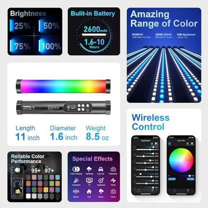 Mettlelite TLX1 RGB Tube Light LED Full Color Portable Video Light with APP Control 2800K-8000K CRI96 TLCI97 360° RGB CCT HSI Mode 10 Customizable Light Effects Rechargeable Battery Magnet Design