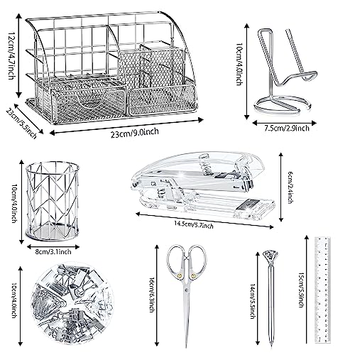 KAAKOW Silver Desk Organizers and Accessories Office Supplies Set Stapler, Pen Holder, Phone Holder, Scissors, Pen, Ruler, 30 Paper Clips, 22 Binder Clip, 20 Tacks and 1000pcs Staples - color: Silver