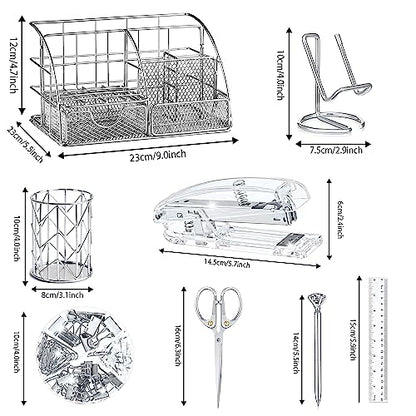 KAAKOW Silver Desk Organizers and Accessories Office Supplies Set Stapler, Pen Holder, Phone Holder, Scissors, Pen, Ruler, 30 Paper Clips, 22 Binder Clip, 20 Tacks and 1000pcs Staples - color: Silver