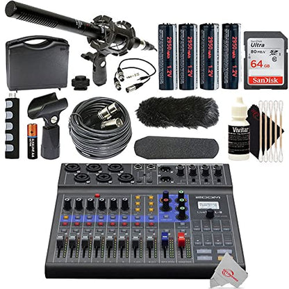 Zoom LiveTrak L-8 Portable Podcast 8-Track Digital Mixer And Multitrack Recorder + 1Pr Shotgun Microphone Kit with Case and Accessories + Accessory Kit