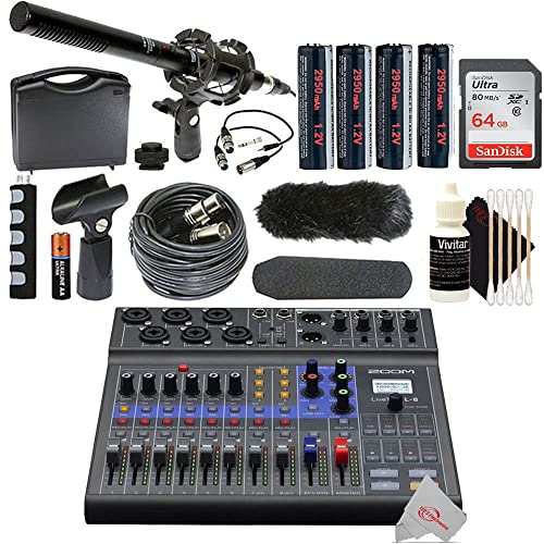 Zoom LiveTrak L-8 Portable Podcast 8-Track Digital Mixer And Multitrack Recorder + 1Pr Shotgun Microphone Kit with Case and Accessories + Accessory Kit