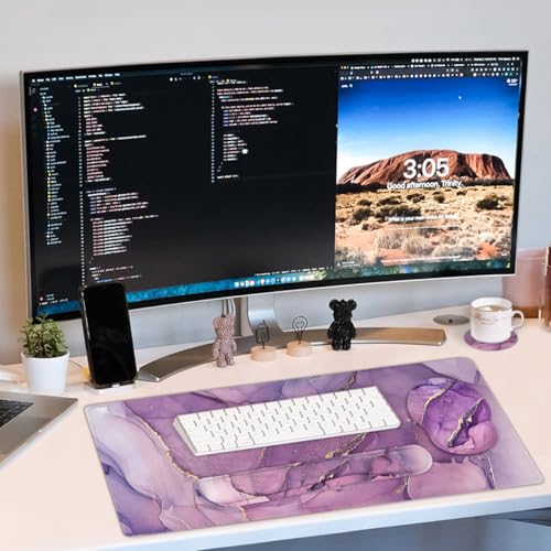 Large Mouse Pad and Keyboard Wrist Rest, Desk Pad for Keyboard and Mouse, 4-in-1 Large Gaming Mouse Pad with Wrist Support, Desk Mat for Home Office Study Game-Purple - color: Purple Texture