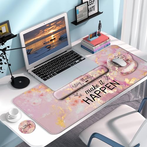 Desk Mat Set + Keyboard and Mouse Pad with Wrist Rest Support,4-in-1 Large Mousepad Computer Mats for Desktop Home & Office-Pink Positive - color: C1-Pink Stay Positive