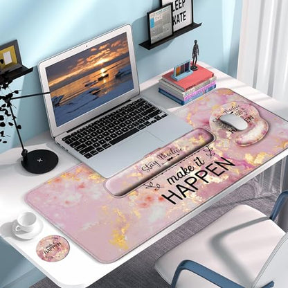 Desk Mat Set + Keyboard and Mouse Pad with Wrist Rest Support,4-in-1 Large Mousepad Computer Mats for Desktop Home & Office-Pink Positive - color: C1-Pink Stay Positive