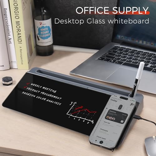 TOWON Glass Desk Whiteboard with Wireless Charger, Desktop Dry Erase Board with Storage & Phone Stand – Compact ~16 x 7 in, Black – Includes Marker & Eraser, Tempered Glass, Rewrite Reusable - color: Charger Black