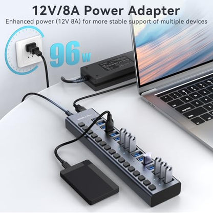 Powered USB 3.2 Hub, ACASIS 16 Ports USB 3.2 Hub with 10Gbps Data Speed，Aluminum Housing, USB Hub Powered with 96W Power Adapter, USB Hub for PC/Laptop, Computer, Flash Drive, Printer, Camera - size: 16 ports