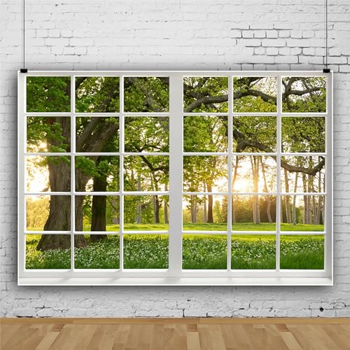 Renaiss 9x6ft Green Trees Forest Window Backdrop for Photoshoot Portrait Spring Summer Scenery Woodland French Window Photography Background Baby Shower Birthday Party Decors Photo Booth Props - size: 9x6ft