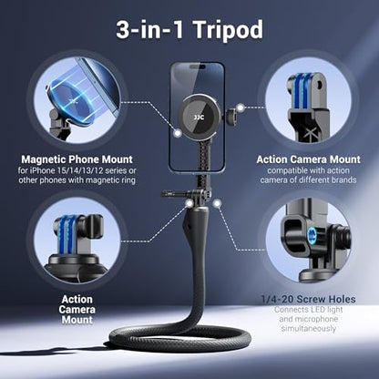 JJC Flexible Mount for Action Camera, Long Arm Bendable Clamp Mount with 1/4 Screw for GoPro Hero 13 12 11 10 Action 5 pro 4 3 Compatible with Insta360 X5 X4 X3 Selfie Stick Stand