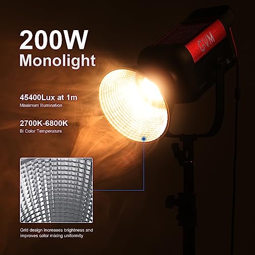 GVM 200W LED Video Light, PRO SD200B Photography Lighting Kit with Bluetooth Mesh Network/DMX Control, 2700K-6800K Studio Light Continuous Lighting Kit for YouTube,Film, 45400lux/1m, 12 Scene Effects - size: SD200B