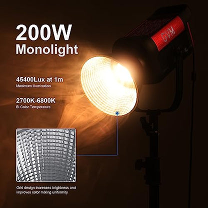 GVM 200W LED Video Light, PRO SD200B Photography Lighting Kit with Bluetooth Mesh Network/DMX Control, 2700K-6800K Studio Light Continuous Lighting Kit for YouTube,Film, 45400lux/1m, 12 Scene Effects - size: SD200B