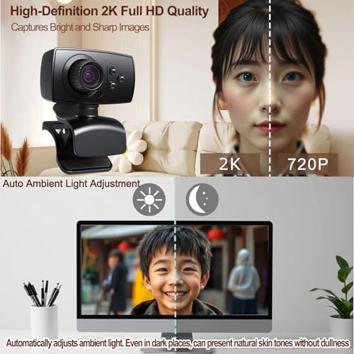 2K Full HD Webcam with Noise-Canceling Microphone, Auto Light Correction & 110° Wide Angle,Plug & Play USB Camera for PC/Laptop/Mac/Zoom/Skype/Teams/Online Meetings