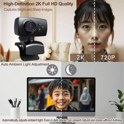 2K Full HD Webcam with Noise-Canceling Microphone, Auto Light Correction & 110° Wide Angle,Plug & Play USB Camera for PC/Laptop/Mac/Zoom/Skype/Teams/Online Meetings