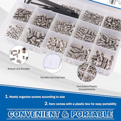 2000PCS Set Screws, 26 Sizes Metric & Sae Set Screw Assortment Kit, Allen Head Hex Socket Head Grub Screws for Bathroom Fixtures, Door Handles, 304 Stainless Steel (M3-M8, 1/8"-40 to 5/16"-18) - size: 2000PCS-Silver