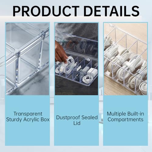 3 Pack Cable Organizer Box with Silicone Straps, Plastic Cord Management Box with Lid