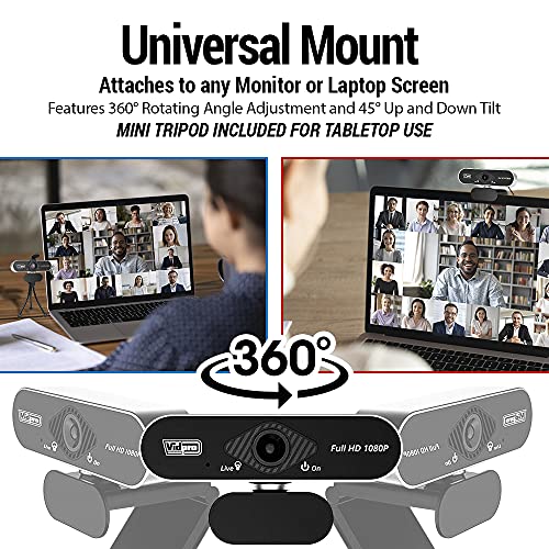 Vidpro CM-HD 1080P Full HD Webcam with Built-in Microphone and Mini Tripod - Plug and Play 85-Degree FOV USB Webcam with Noise Canceling Filter Perfect for Video Calls Meetings Live Streaming Gaming