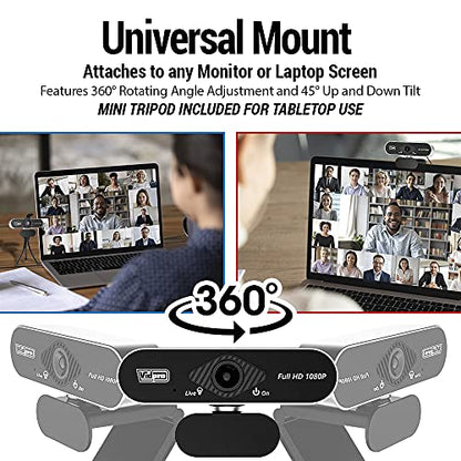 Vidpro CM-HD 1080P Full HD Webcam with Built-in Microphone and Mini Tripod - Plug and Play 85-Degree FOV USB Webcam with Noise Canceling Filter Perfect for Video Calls Meetings Live Streaming Gaming