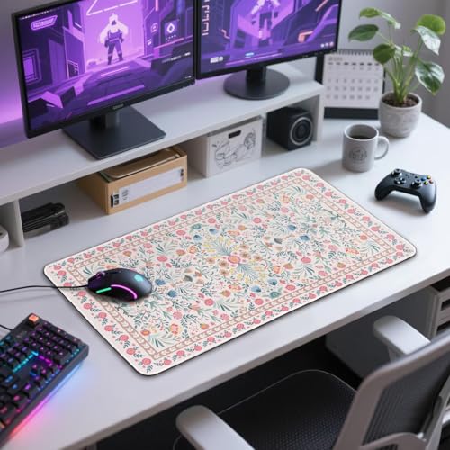 Pink Floral Desk Mat 31.5"x15.7" | Extra Large Mouse Pad, Non-Slip Rubber Base, Waterproof Desk Blotter, Stitched Edges, Smooth Computer Mat Office - color: Pink Floral