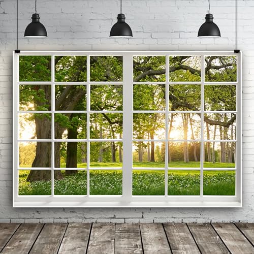 Renaiss 12x10ft Green Trees Forest Window Backdrop for Photoshoot Portrait Spring Summer Scenery Woodland French Window Photography Background Baby Shower Birthday Party Decors Photo Booth Props - size: 12x10ft