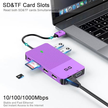 USB Docking Station GIQ USB C HUB USB 3.0 to Dual HDMI VGA Adapter Triple Display USB C Laptop Docking Station Dual Monitor HDMI Splitter Extender Compatible with MacBook M1 M2 M3 M4 M5 USB Dock - color: Purple