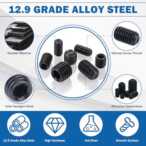 500PCS Set Screws, 13 Sizes Metric Set Screw Assortment Kit, M3, M4, M5, M6, M8 Allen Head Hex Socket Head Grub Screws for Bathroom Fixtures, Alloy Steel Black(5 Wrenches, 1 Tweezer) - size: 500PCS-Black