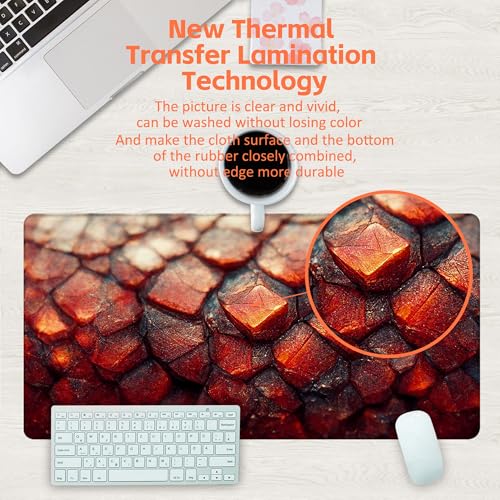 Desk Mat, Red Fire Dragon Scales Desk Pad, Cool Dragon Large Gaming Mouse Pad for Desk, 31.5"x15.7" Extended Big Computer Keyboard Mouse Pad with Non-Slip Base and Stitched Edge - color: Red Fire Dragon Scales