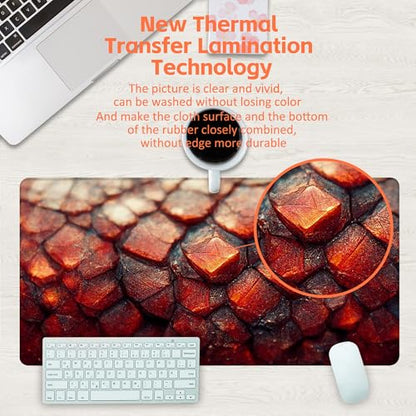Desk Mat, Red Fire Dragon Scales Desk Pad, Cool Dragon Large Gaming Mouse Pad for Desk, 31.5"x15.7" Extended Big Computer Keyboard Mouse Pad with Non-Slip Base and Stitched Edge - color: Red Fire Dragon Scales