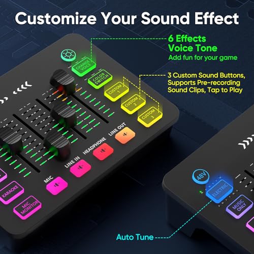 Gaming Audio Mixer with RGB, Streaming/PC Mixer with XLR Microphone Interface, 6 Voice Changing Modes Individual Control, Mute Button,48V Phantom Power