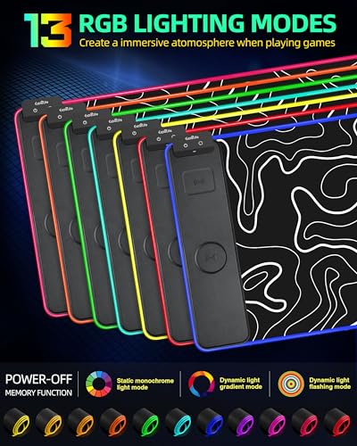 Wireless Charging Mouse Pad, RGB Gaming Mousepad, 31.5"x15.7" Extra Large Desk Pad, 13 Light Modes, Non-Slip Base, Waterproof Computer Keyboard Mat for MacBook, PC, Laptop, Black Topographic Line - color: Black Topographic