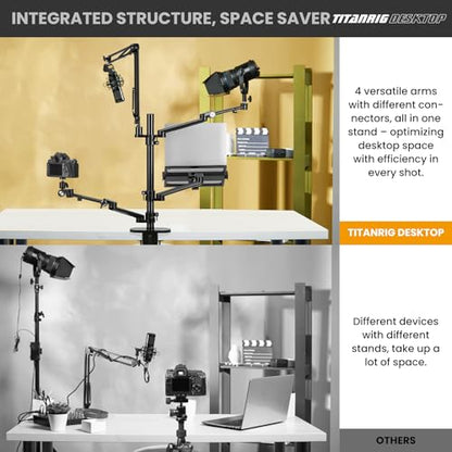 TARION Overhead Camera Desk Mount: 4-in-1 Heavy Duty Mount Set with 1 Mic Boom Stand + 3 Articulating Arms for DSLR Cameras Ring Light Monitor Laptop - Live Stream Stand TitanRig Desk - size: 4-in-1 Desk Set