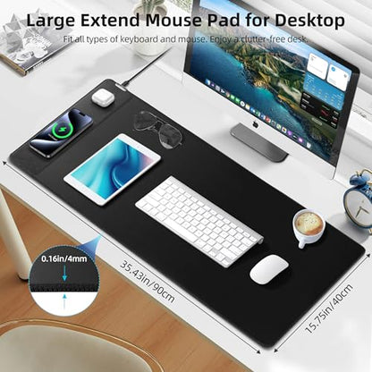 Mouse Pad with Wireless Charging, Gaming Mouse Pad with Ultra-Smooth Surface, Large XXL Desk Mat, Non-Slip Mouse Mat, Waterproof Computer Keyboard Pad for Gaming, Desk, Office, PC, 900x400x4MM, Black - color: Black - 35.4"x15.7"