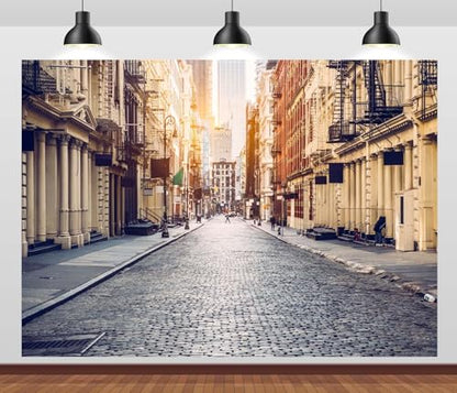 12x8ft New York Manhattan City Street Backdrop Empty Street Old City Background New York Downtown NYC Street Classic Luxury Apartment Building Photo Background Photo Studio Prop - size: 12x8FT