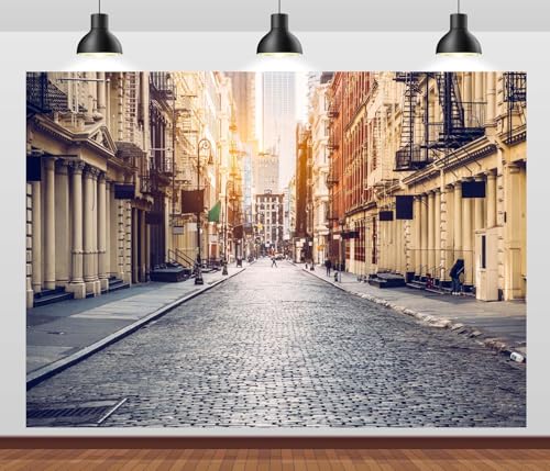 20x10ft New York Manhattan City Street Backdrop Empty Street Old City Background New York Downtown NYC Street Classic Luxury Apartment Building Photo Background Photo Studio Prop - size: 20x10FT