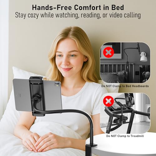 Tablet Stand for Desk, Gooseneck iPad Holder Clamp Mount, 360° Adjustable | Heavy Duty Arm Mount for iPad Pro/Air/Mini, Kindle Fire, Galaxy Tabs, 4.7"-13.5" Tablets, for Kitchen, Work, Video Call, Bed