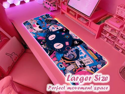 JMIYAV Pink RGB Gaming Mouse Pad 31.5x12 Inch PC XL Large Extended Glowing Led Light Up Desk Pad Non-Slip Rubber Base Computer Cute Mousepad Mat Desk Accessories Gaming Setup 102 - color: Neon Cat
