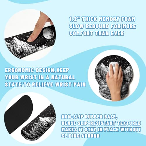 Moon Night Desk Mat Set Dark Mountain Landscape Large Mouse Pad with Wrist Rest 4in1 Desk Mat for Desktop Ergonomic Keyboard Wrist Support Anti-Slip Computer Ergonomic Mouse Pad Home Office Gaming - color: Moon Night