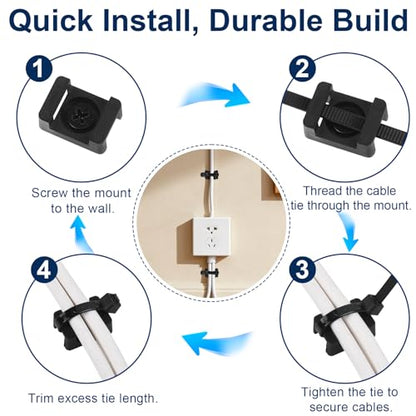 Premium Cable Zip Tie Mounts Kit - 60 Packs Wire Management Holder & Cable Clips, 8" High-Strength Nylon Ties & 5M Screws, Heavy Duty Fasteners for Wall/Desk, Indoor & Outdoor Cable Organizer