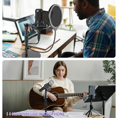 Mic Stand Desk Adjustable Desktop Microphone Stand with Stable Metal Base, Shock Mount, Pop Filter, Mic Clip, and Mic Adapter for AT2020, HyperX QuadCast, Blue Yeti, Shure SM58