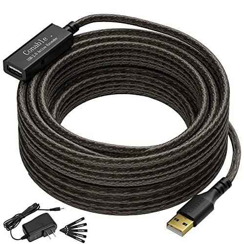 Active USB Extension Cable 50 Feet, USB 2.0 A Male to Female Cord (from 2ft to 150ft for Selection), with an Extension Chipset Signal Booster, 22AWG Tinned Pure Copper, (AC Power Supply Included) - size: Active 50FT
