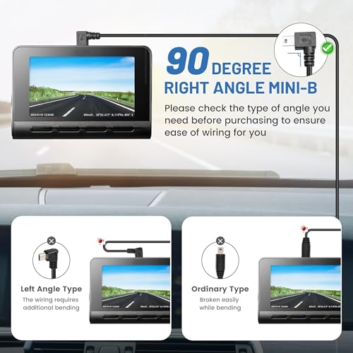 EWAY Mini USB Dash Cam Power Cable 13ft, for Rexing V1 Pro V5 V3 Byakov S6 Rove R2-4K Dashcam Dashboard Camera Recorder, USB 2.0 A to 90 Degree Right Angle Mini-B Charging Cord Car Charger Adapter