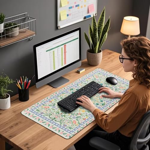 Green Floral Desk Mat, 31.5"x15.7" Large Mouse Pad, Anti-Slip Rubber Base Keyboard Pad with Stitched Edges, Water-Resistant Smooth Desk Blotter, Computer Mat for Home Office Desk - color: Green Floral