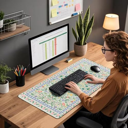 Green Floral Desk Mat, 31.5"x15.7" Large Mouse Pad, Anti-Slip Rubber Base Keyboard Pad with Stitched Edges, Water-Resistant Smooth Desk Blotter, Computer Mat for Home Office Desk - color: Green Floral