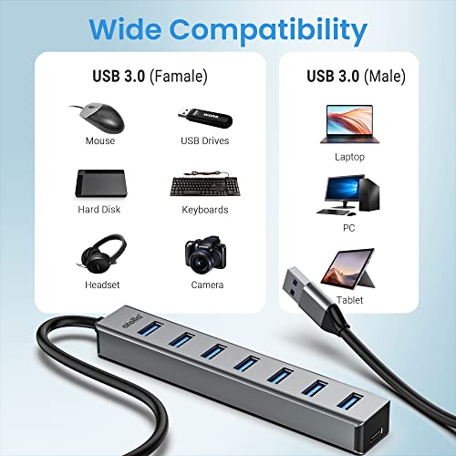 USB 3.0 hub, atolla 7-Port Multi USB Aluminum hub, 1m Extension Cable USB Splitter, Suitable for PC, Laptop, MacBook Pro, etc. - color: Space Gray